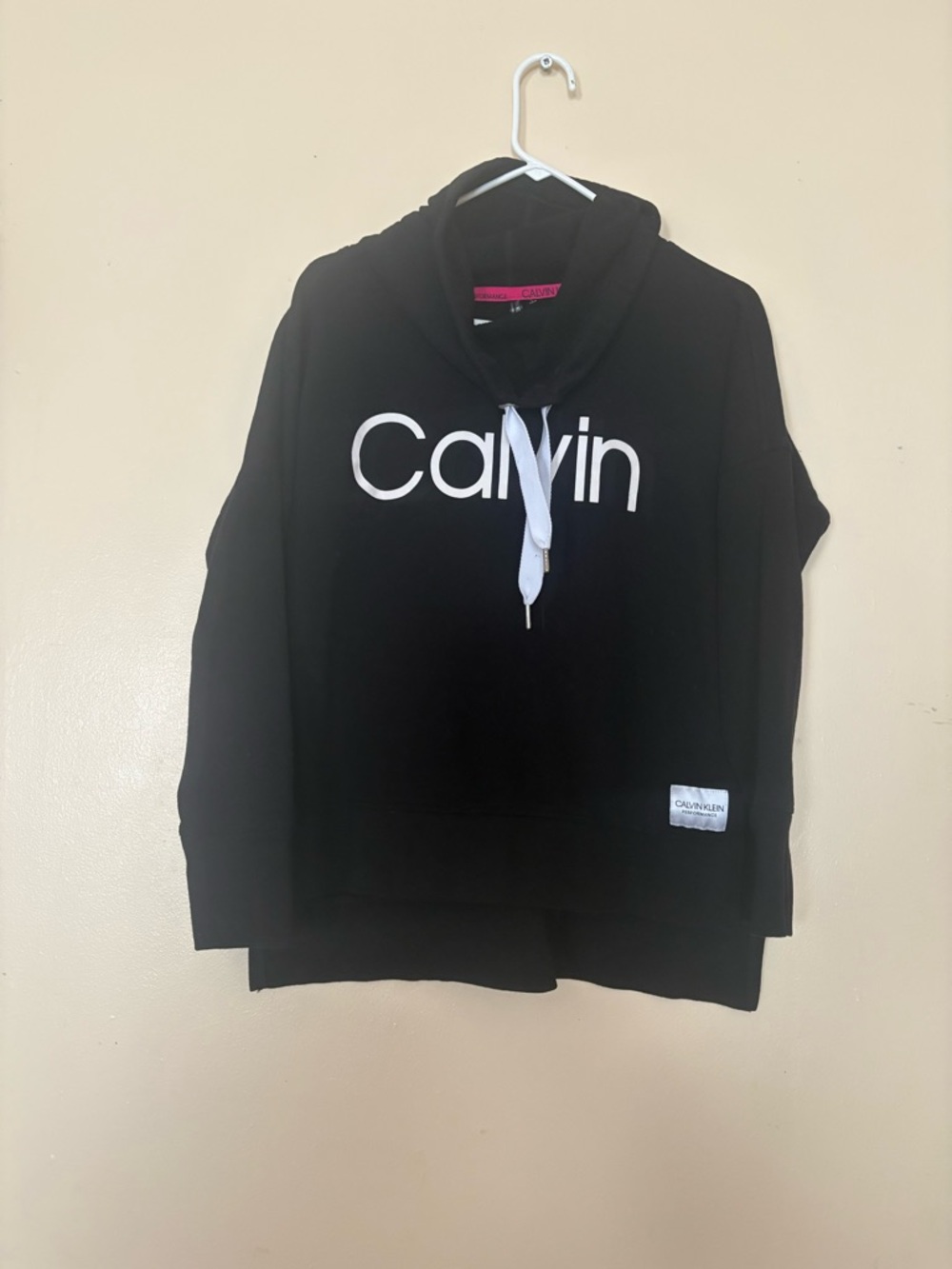 Calvin Klein Black Turtleneck Hoodie with White Logo and Drawstrings
